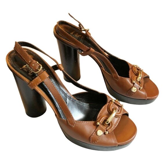 BURBERRY Women’s Sz 39 US 8.5 Carmel Brown Equestrian Style Sling Back Heels - Picture 1 of 12
